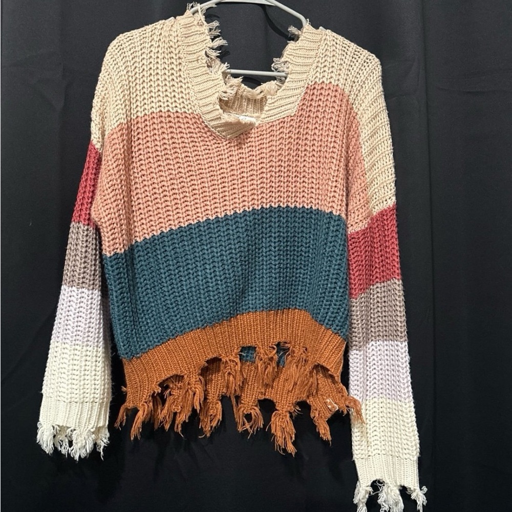 Vici Multicolor Distressed V-Neck Sweater